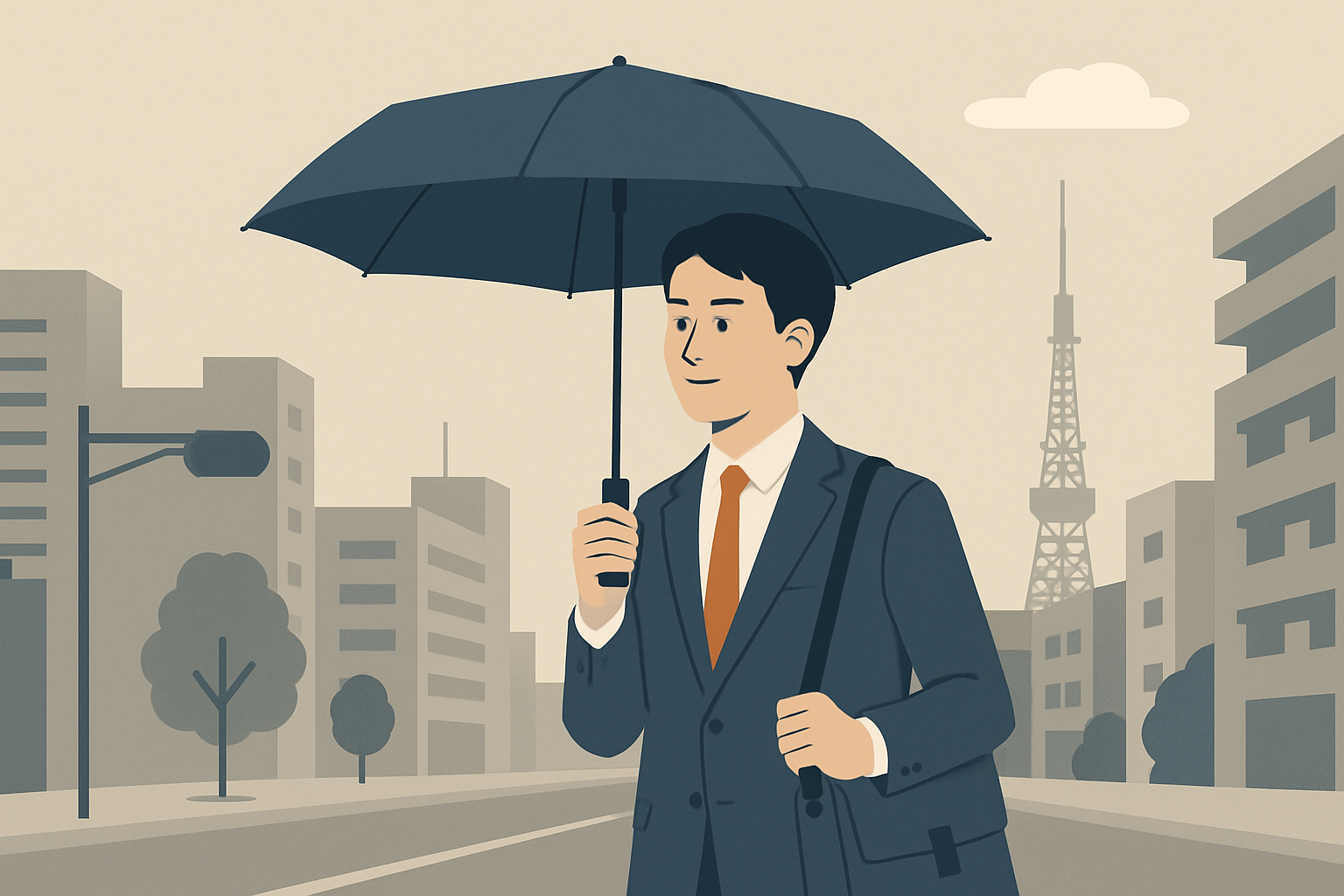自動開閉傘を晴れた東京の街で持つビジネスパーソン