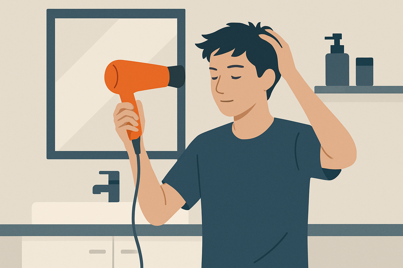 洗面所でドライヤーを使う男性