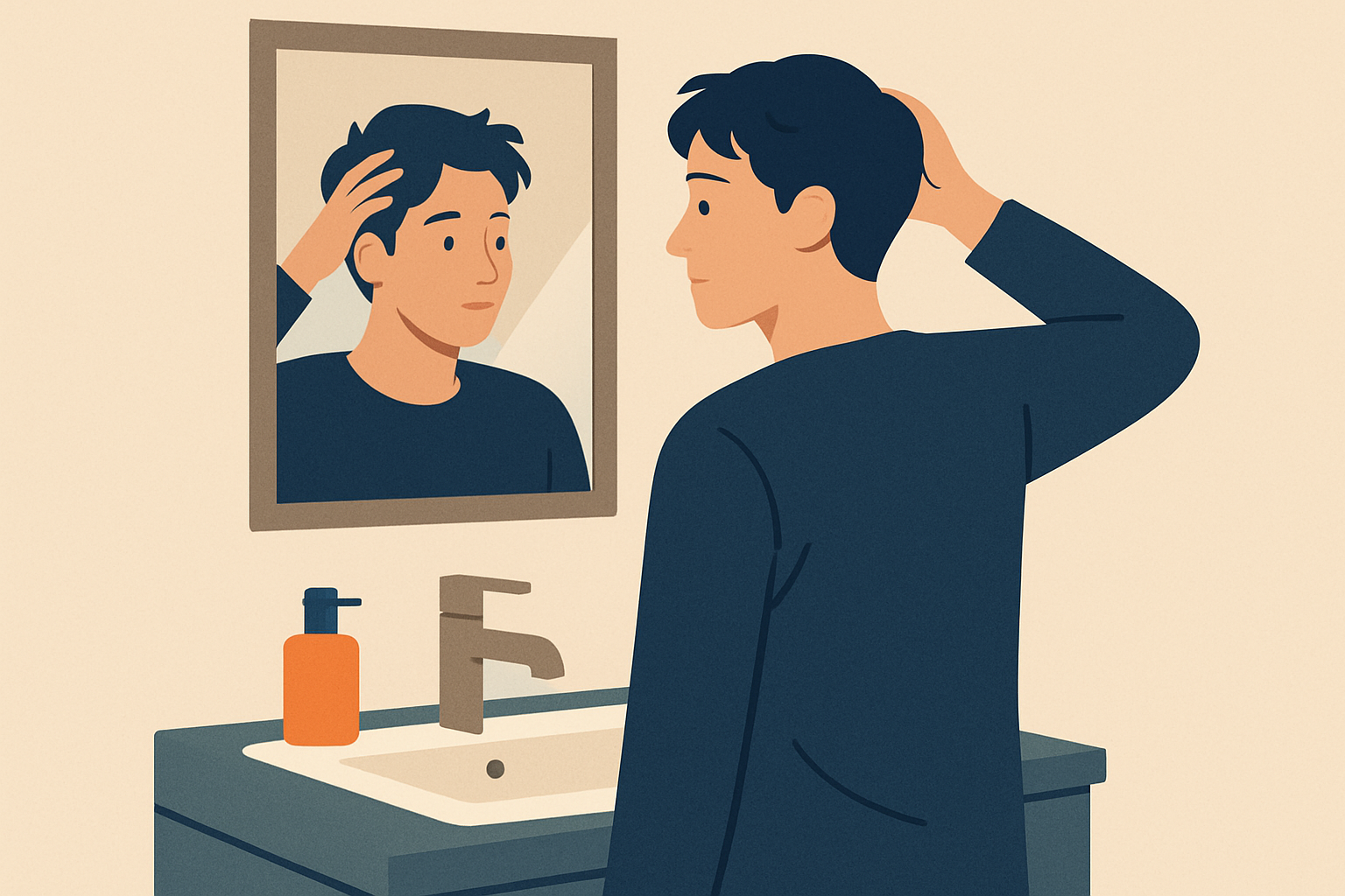 洗面所で鏡を見ながら髪を整える男性