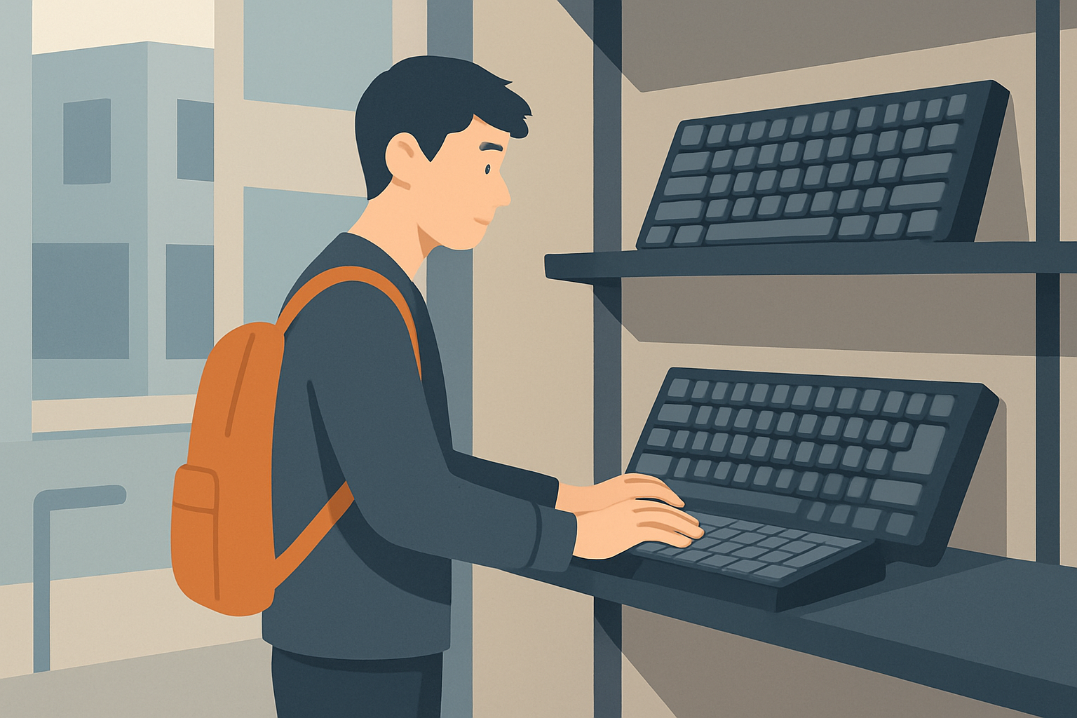 店頭でキーボードを試す人