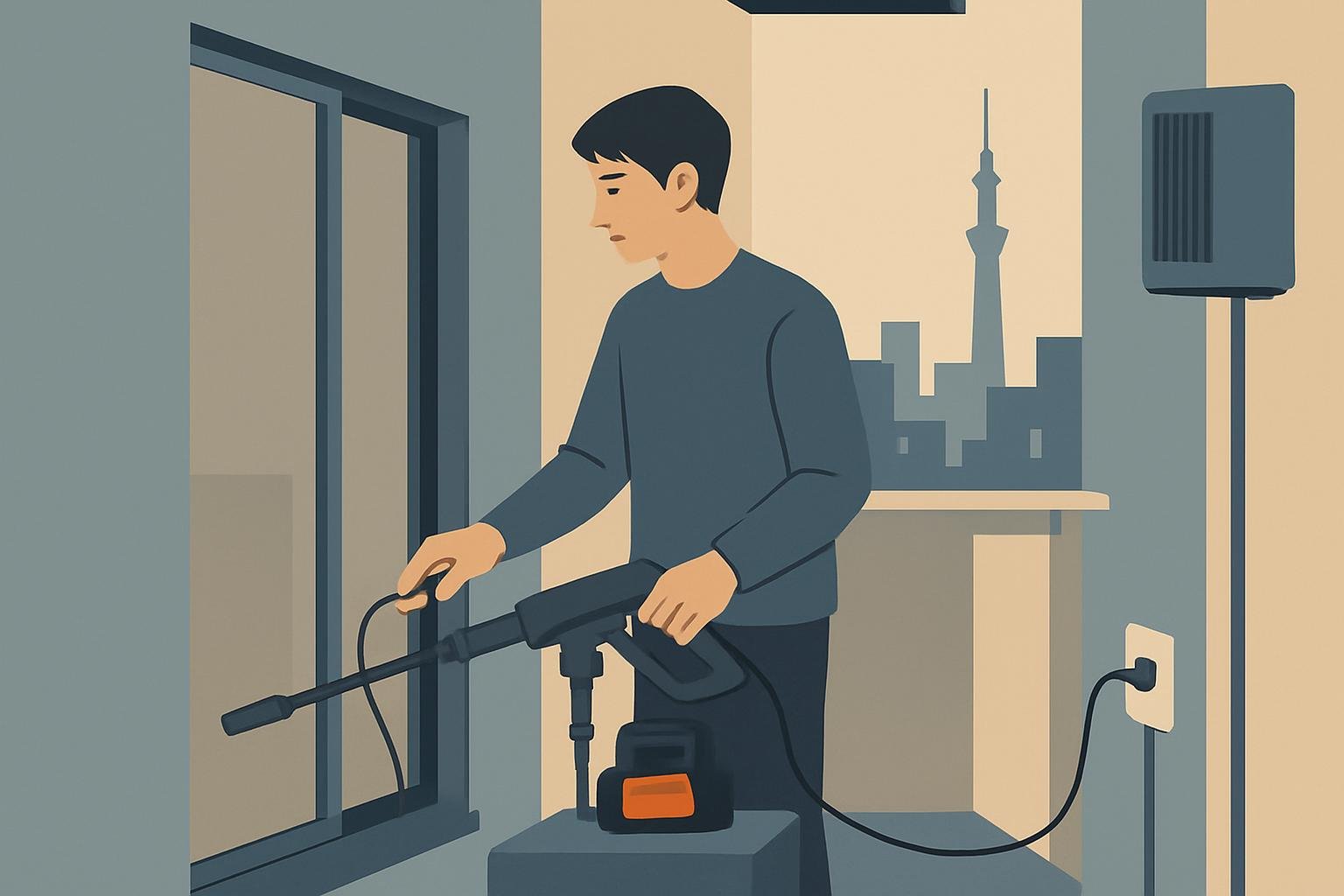 東京の一人暮らしの部屋で、バッテリー式高圧洗浄機を充電している様子