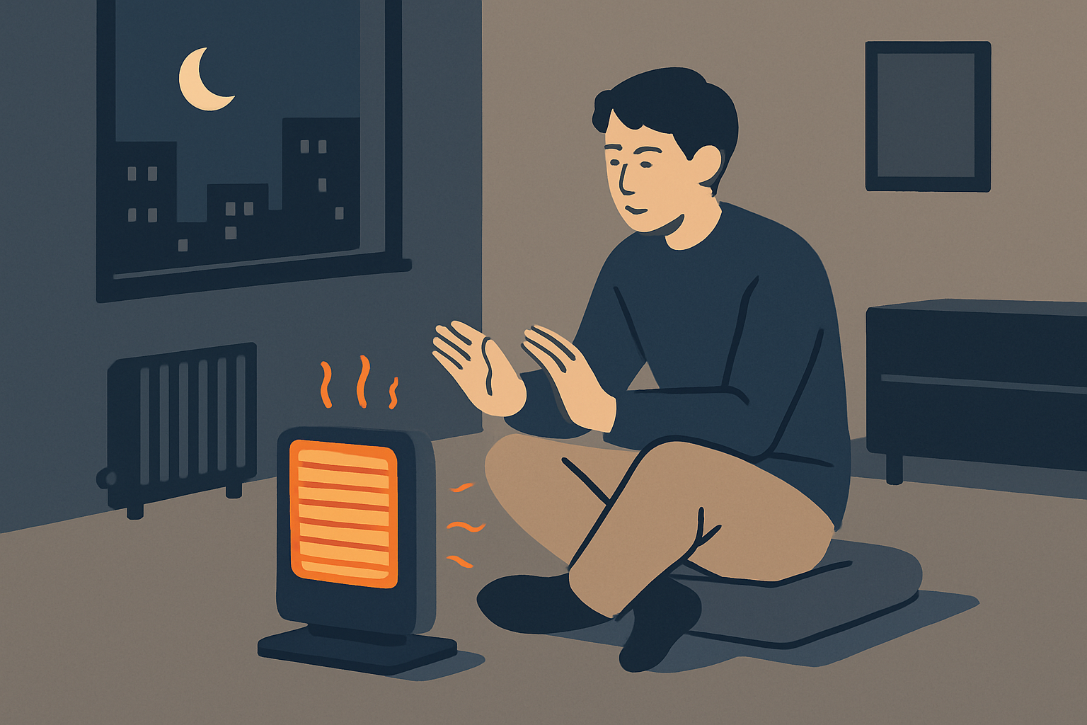 冬の夜、暖房器具を使う部屋の情景