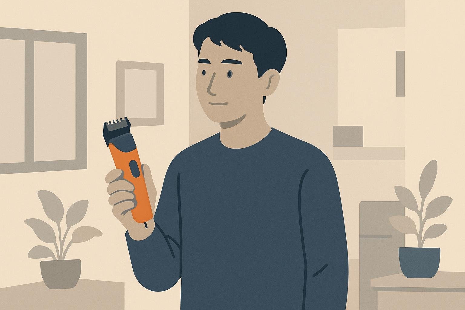 屋内で電動トリマーを手に取る男性