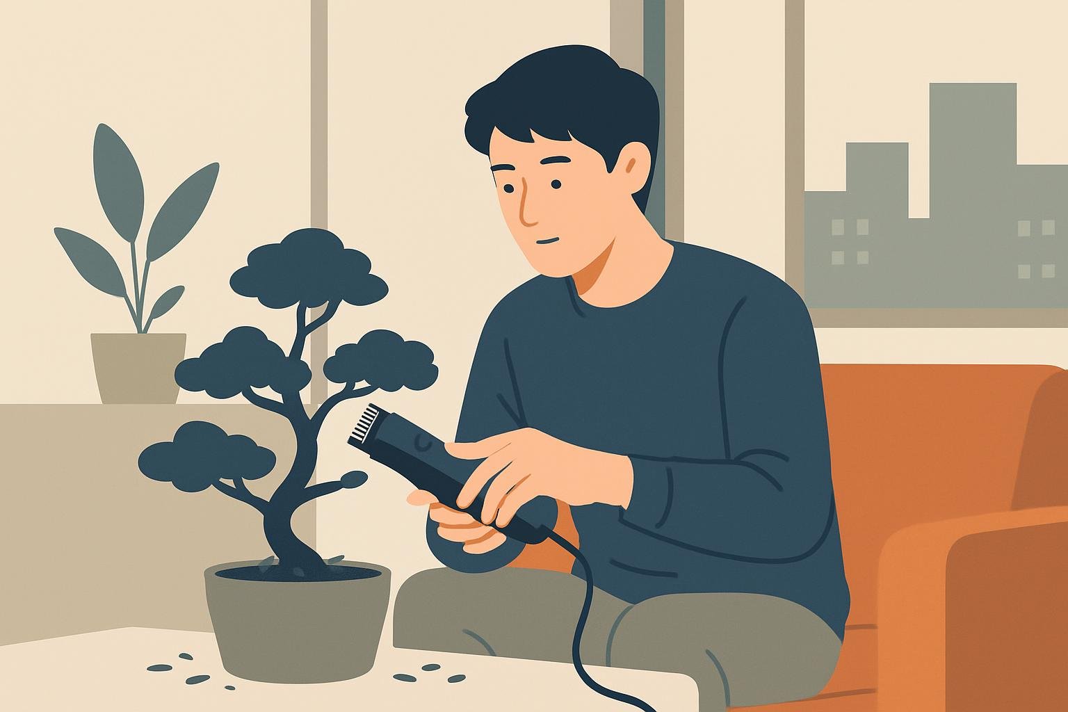 屋内でトリマーを使用する男性