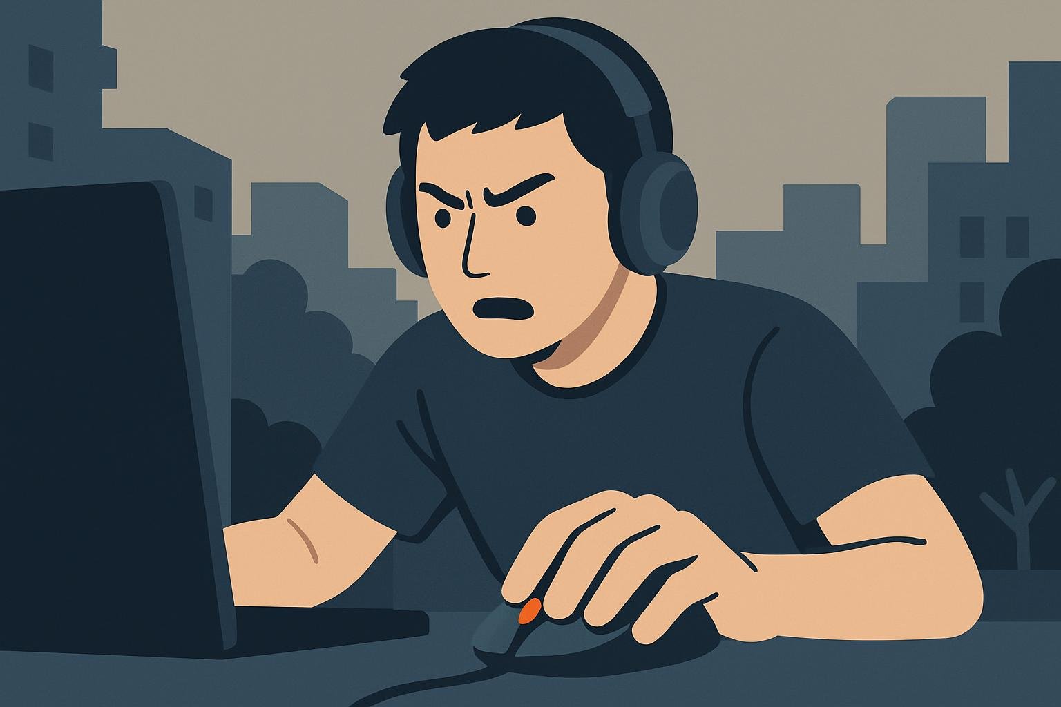 ゲームの激しい場面でマウスを握る手元