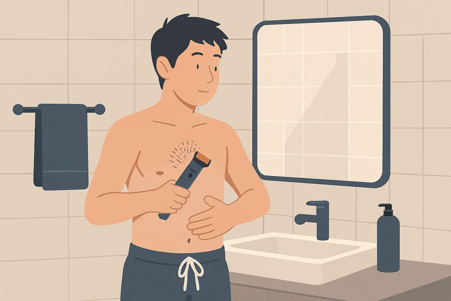 メンズ用ボディヘアトリマーを使って自宅のバスルームで身だしなみを整える男性