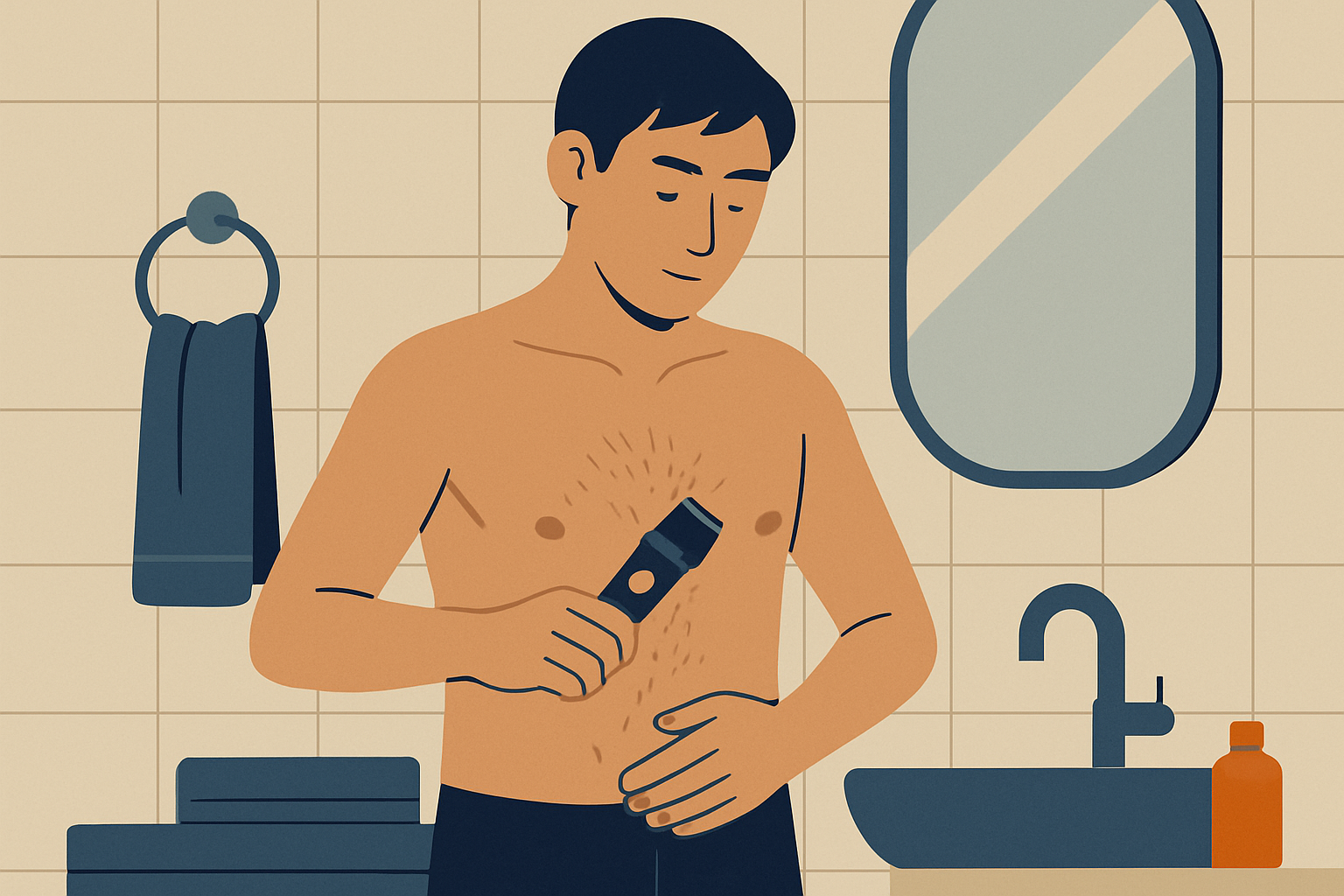 メンズ用ボディヘアトリマーを使って自宅のバスルームで身だしなみを整える男性