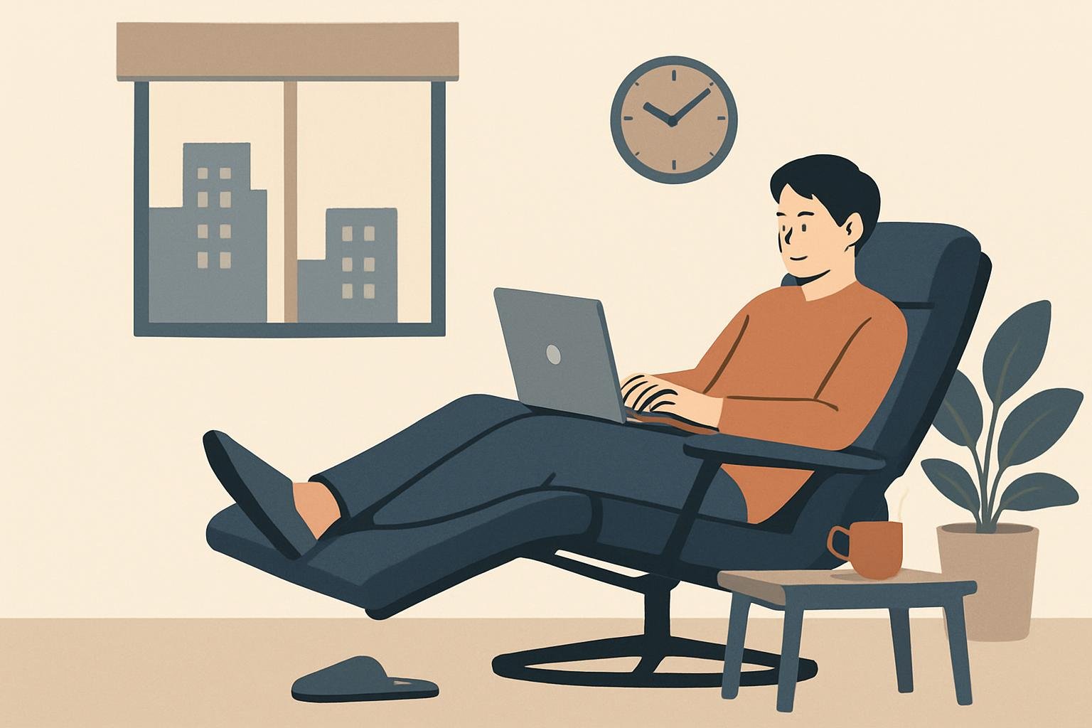 リクライニングチェアでPC作業をする室内の情景