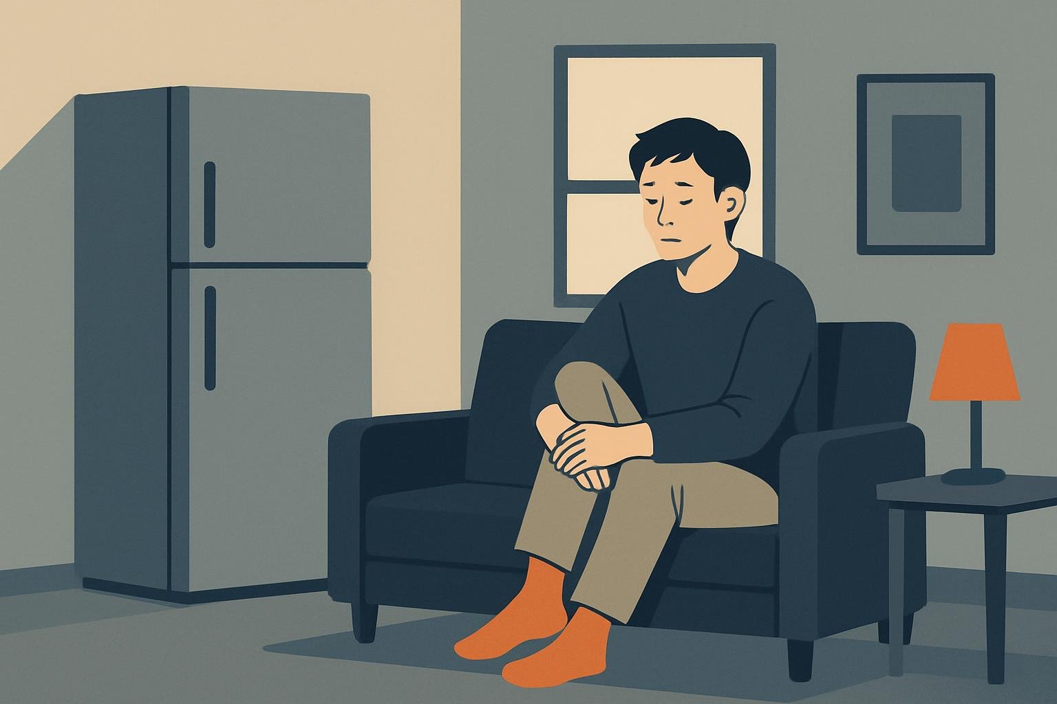 静かな部屋で冷蔵庫の音を気にしない一人暮らしの男性