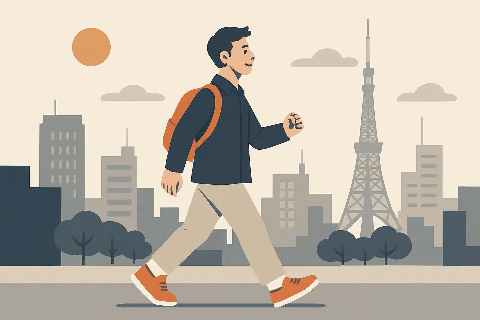 晴れた東京の街を健康的に歩く男性